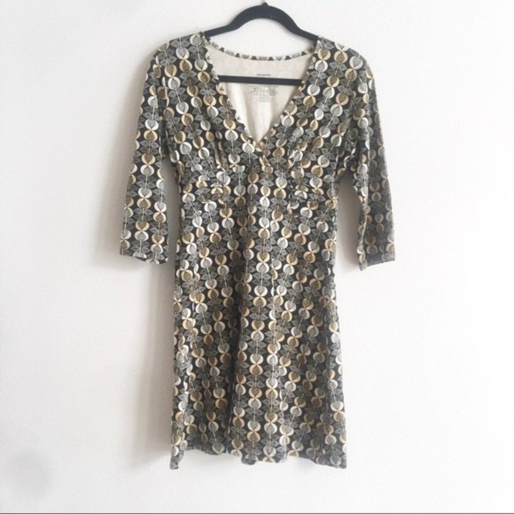Patagonia Margot Dress 3/4 Sleeve Printed Yellow Black V-Neck Organic Cotton S